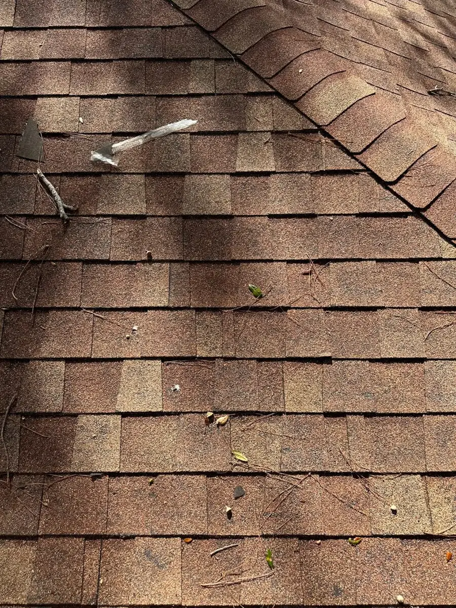 Wind-damaged architectural shingle roof with broken seal strips